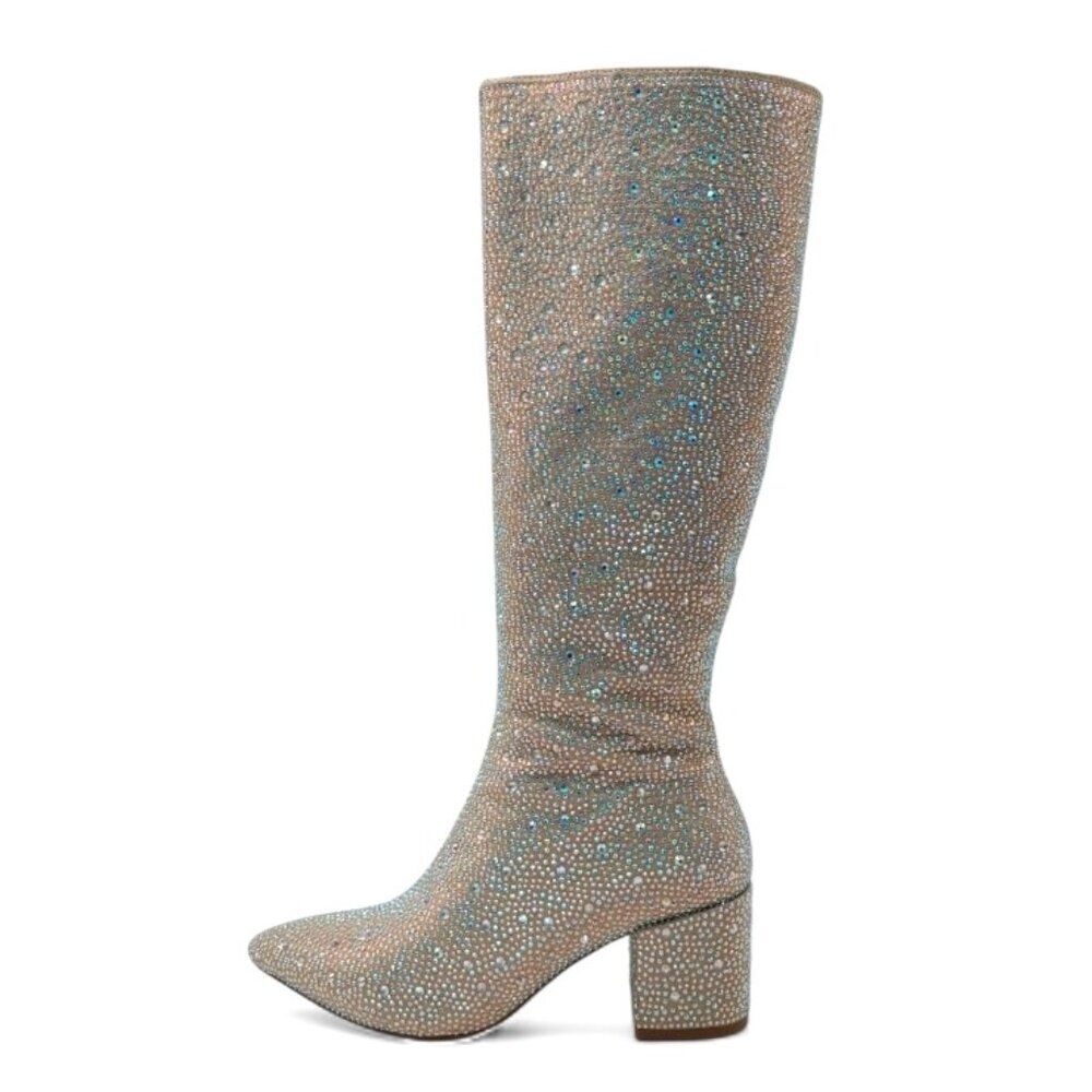 Wetkiss Women's Size 7 Iridescent Crystal Rhinestone Chunky Heel Knee High Boots - Picture 6 of 16